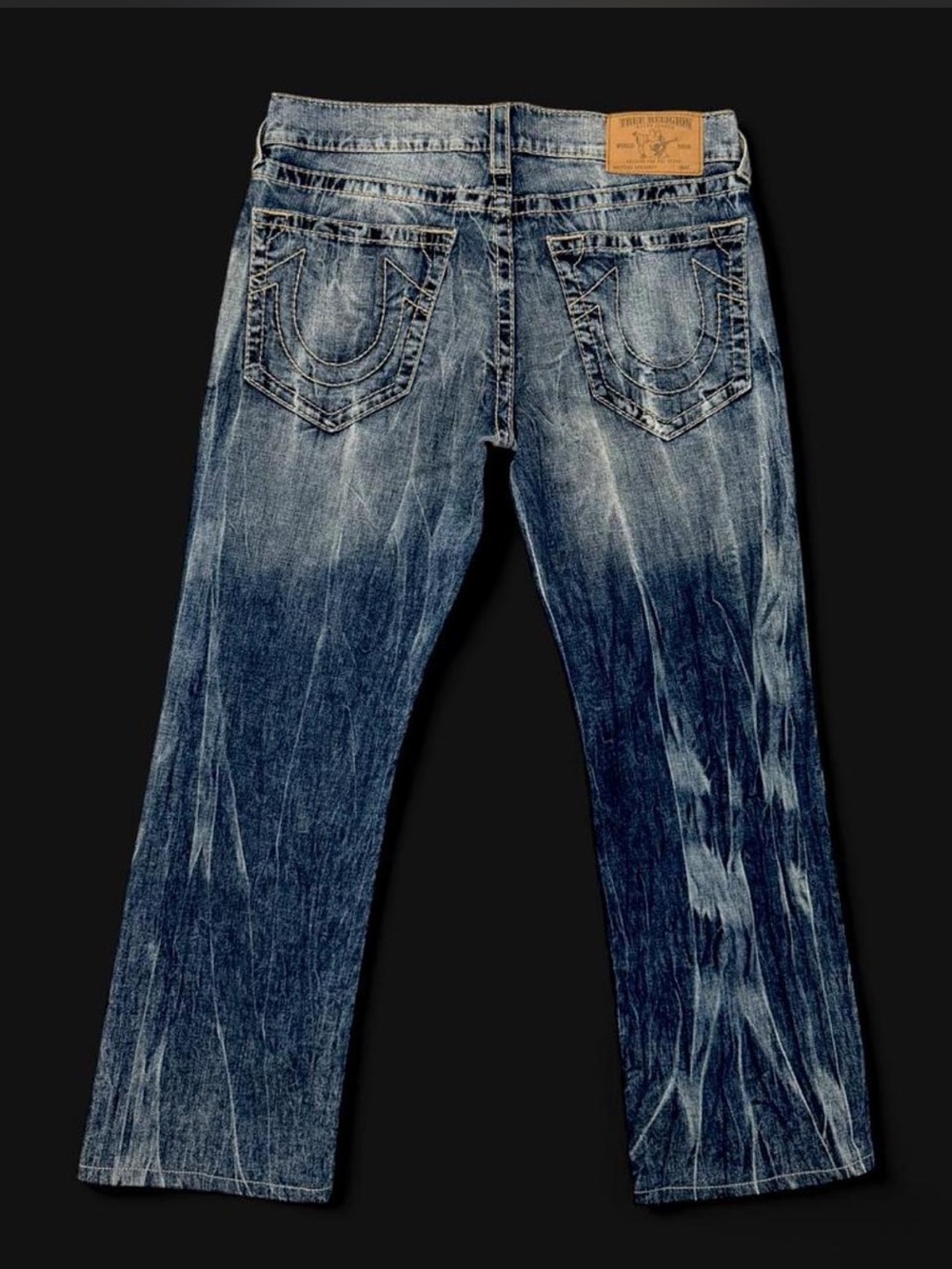 True Religion Straight Earthworm Big T Jeans Men's Size 34 Blue Acid Wash